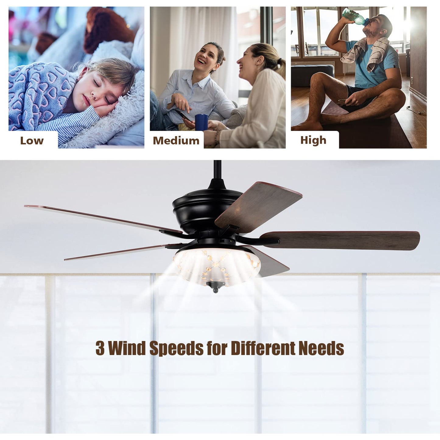 GiantexUK 52” Ceiling Fan with Lamp, 5 Blades Hanging Fan with Remote