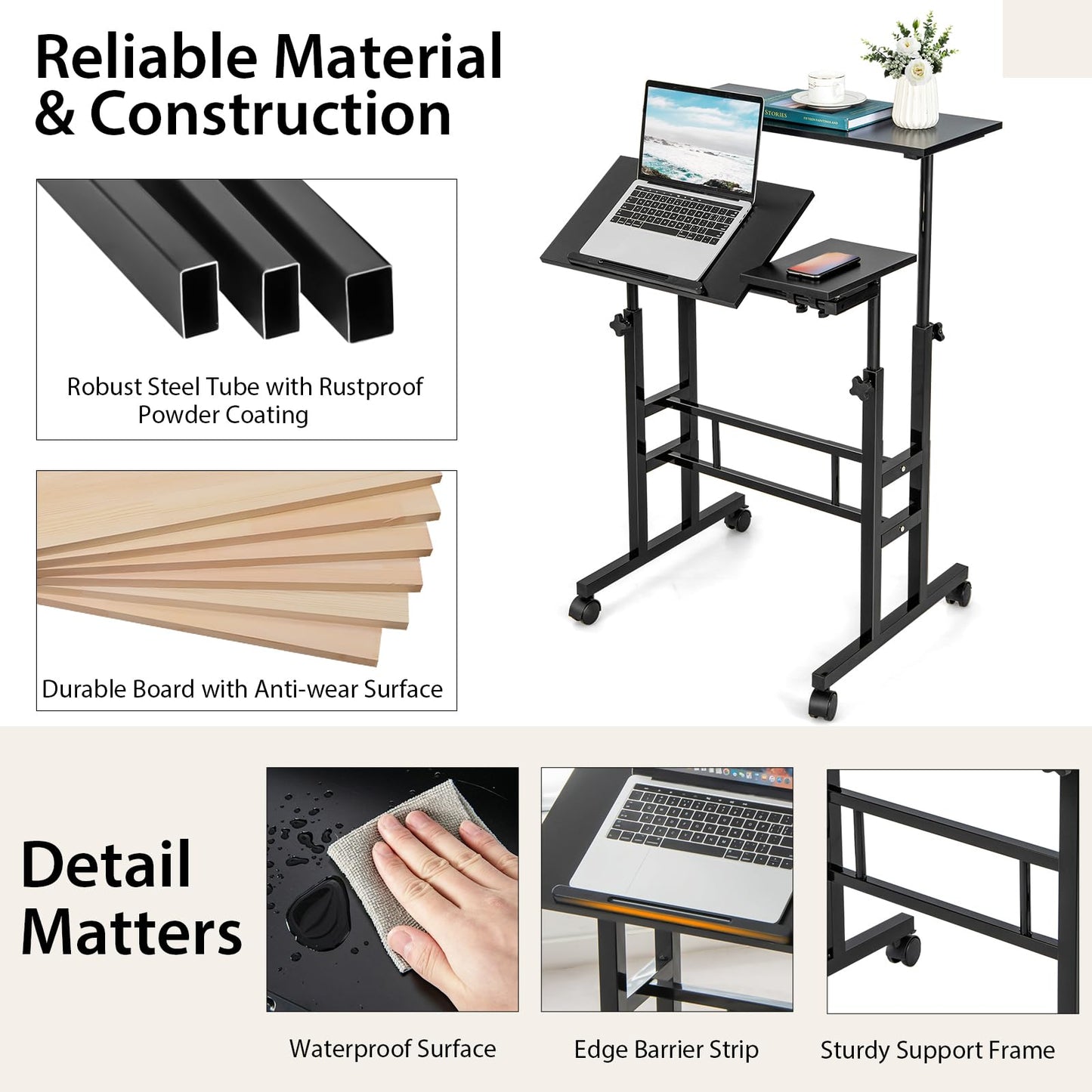 Height Adjustable Standing Desk, Mobile Laptop Table Computer Desk with Flip-over Desktop and Wheels