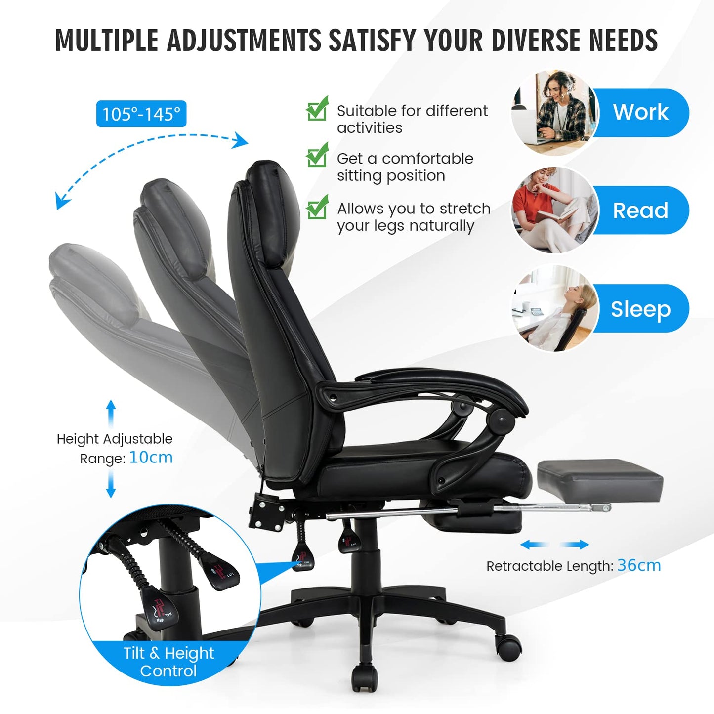 Ergonomic High-Back Office Chair, Rolling Executive Desk Chair with Retractable Footrest & Built-In Lumbar Support