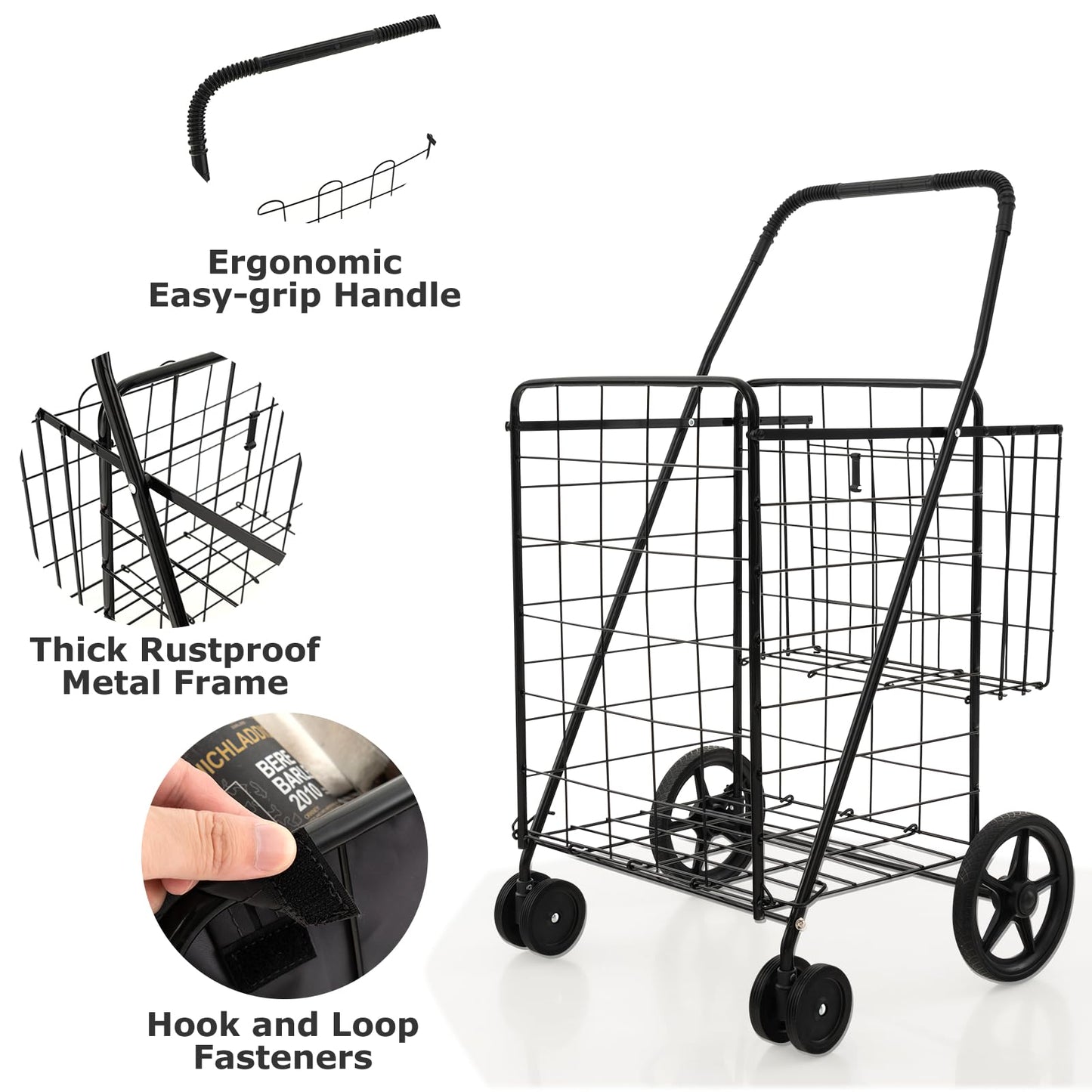 GiantexUK Foldable Shopping Cart on Wheels, Metal Grocery Trolley with Extra Basket & Anti-slip Handle