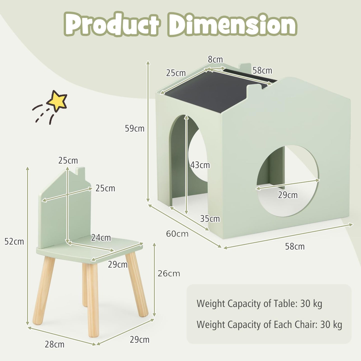 Kids Table and Chair Set, Wooden Children Desk with Chalkboards, 3 Pieces Toddler Activity Furniture for Learning, Drawing, Dining