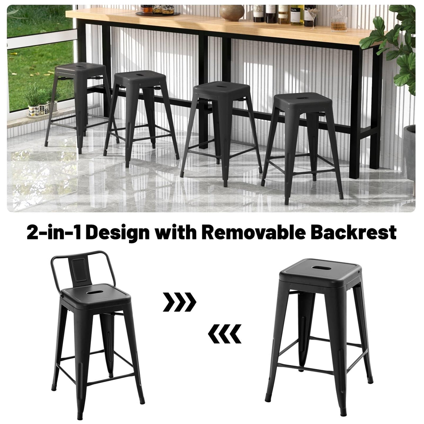 GiantexUK Metal Bar Stools Set of 4, Stackable Kitchen Chairs with Low Backrest, Footrests & Non-Slip Foot Pads, 40 x 43 x 77cm