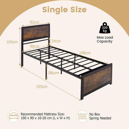 3FT Single Metal Bed Frame, Twin Size Platform Bed with Headboard