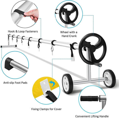 GiantexUK Pool Reel System for Pool Covers, 1.65-7.7m Adjustable Pool Cover Roller Reel Rewinder on Wheels