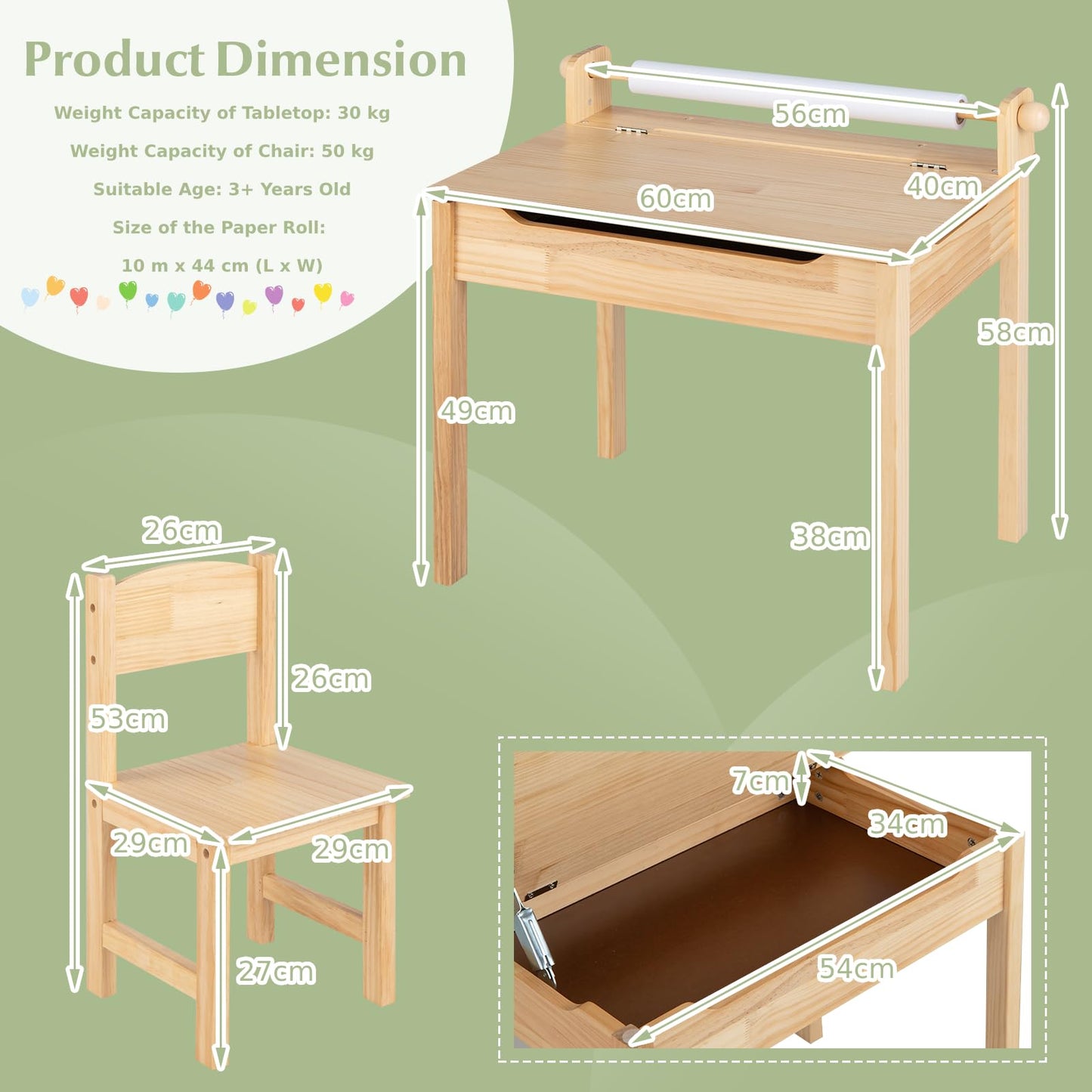 Kids Table and Chair Set, Flip Top Toddler Art Craft Desk with Paper Roll, Children Activity Furniture Set for Nursery Playroom