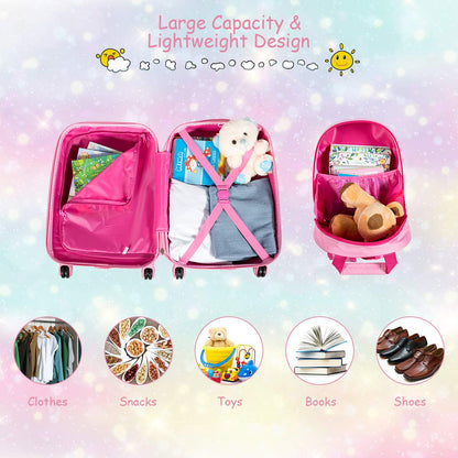 2 Pcs Kids Luggage Set, 12'' Backpack and 18'' Suitcase Children Boys Girls Travel School Trolley Case on Wheels (Mermaid, Pink)