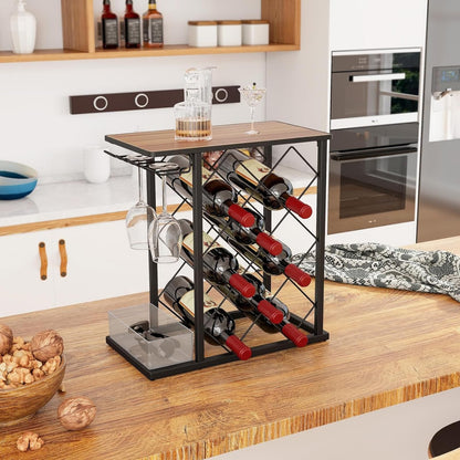 GiantexUK Freestanding 8 Bottle Wine Rack, Countertop Wine Storage Shelf with Glass Holders