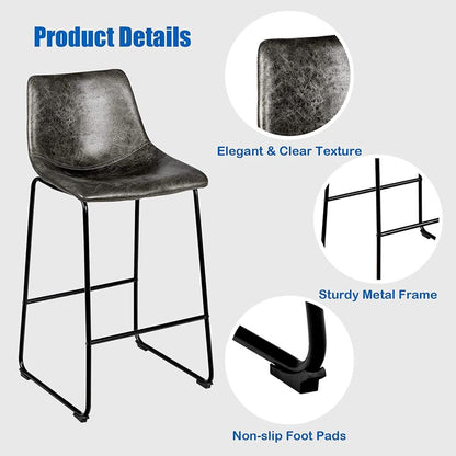 GiantexUK Bar Stools Set of 2, Vintage Leather Kitchen Dining Chairs with Footrests and Curved Backrest, Home Office Counter Barstools