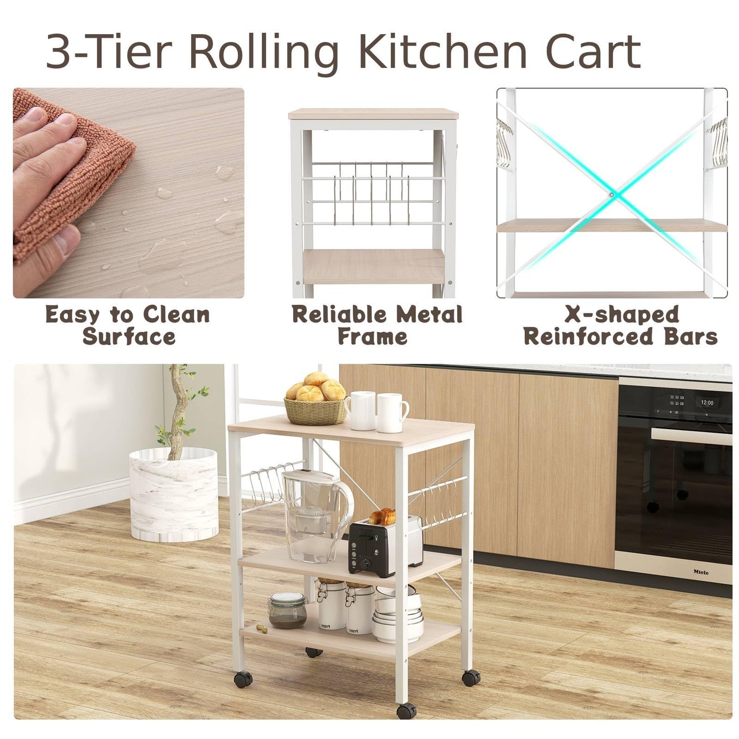 GiantexUK Kitchen Baker's Rack, 3 Tier Serving Cart Microwave Stand with Shelves, Lockable Wheels, 2 Adjustable Shelves