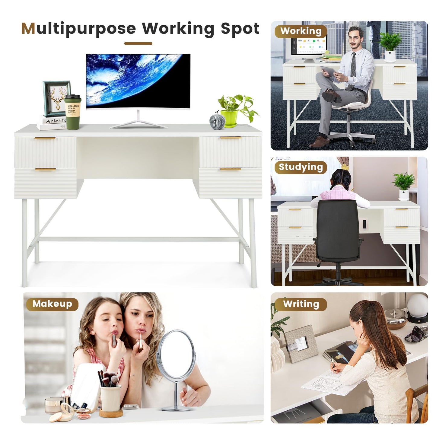 Computer Desk with 4 Drawers, 120cm Home Office Study Table Writing Workstation, Modern PC Laptop Table Working Desk, White