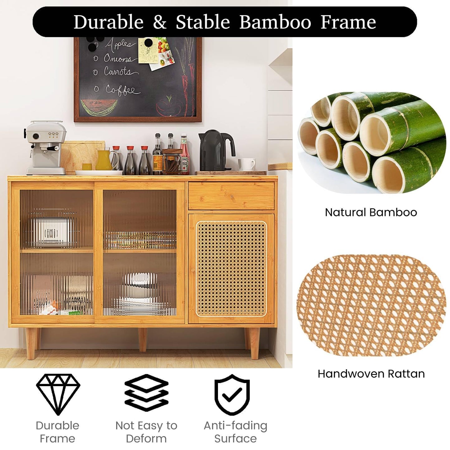 GiantexUK Buffet Storage Cabinet, Bamboo Kitchen Sideboard with 2 Tampered Glass Sliding Doors