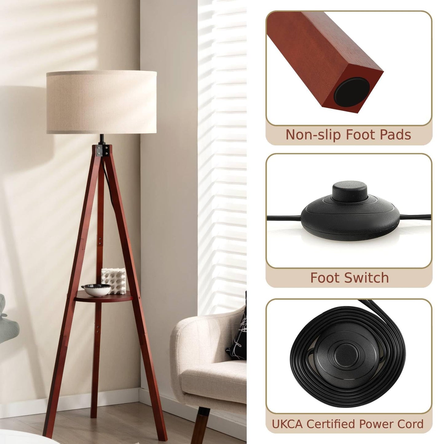 GiantexUK Tripod Floor Lamp with Shelf, Rubber Wood Frame Standing Corner Lamp with Linen Fabric Lampshade