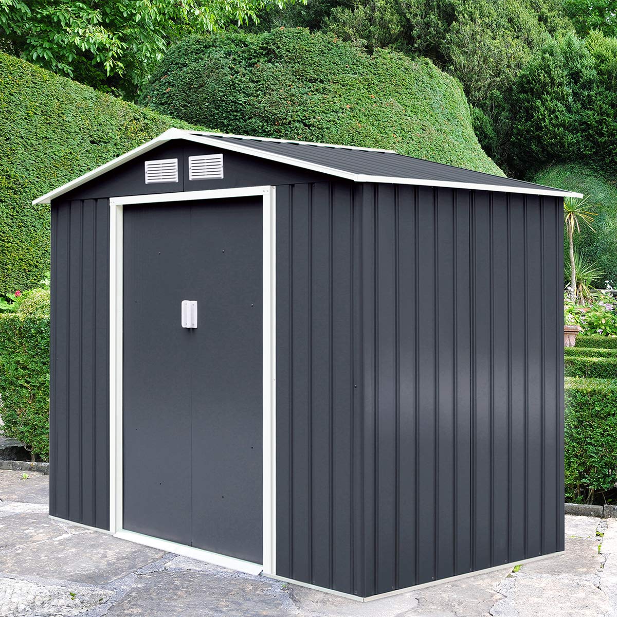 GiantexUK 9x6FT Metal Garden Shed, Slope Roof Utility Shed Building (9x6FT, 2 Vents, with Base)