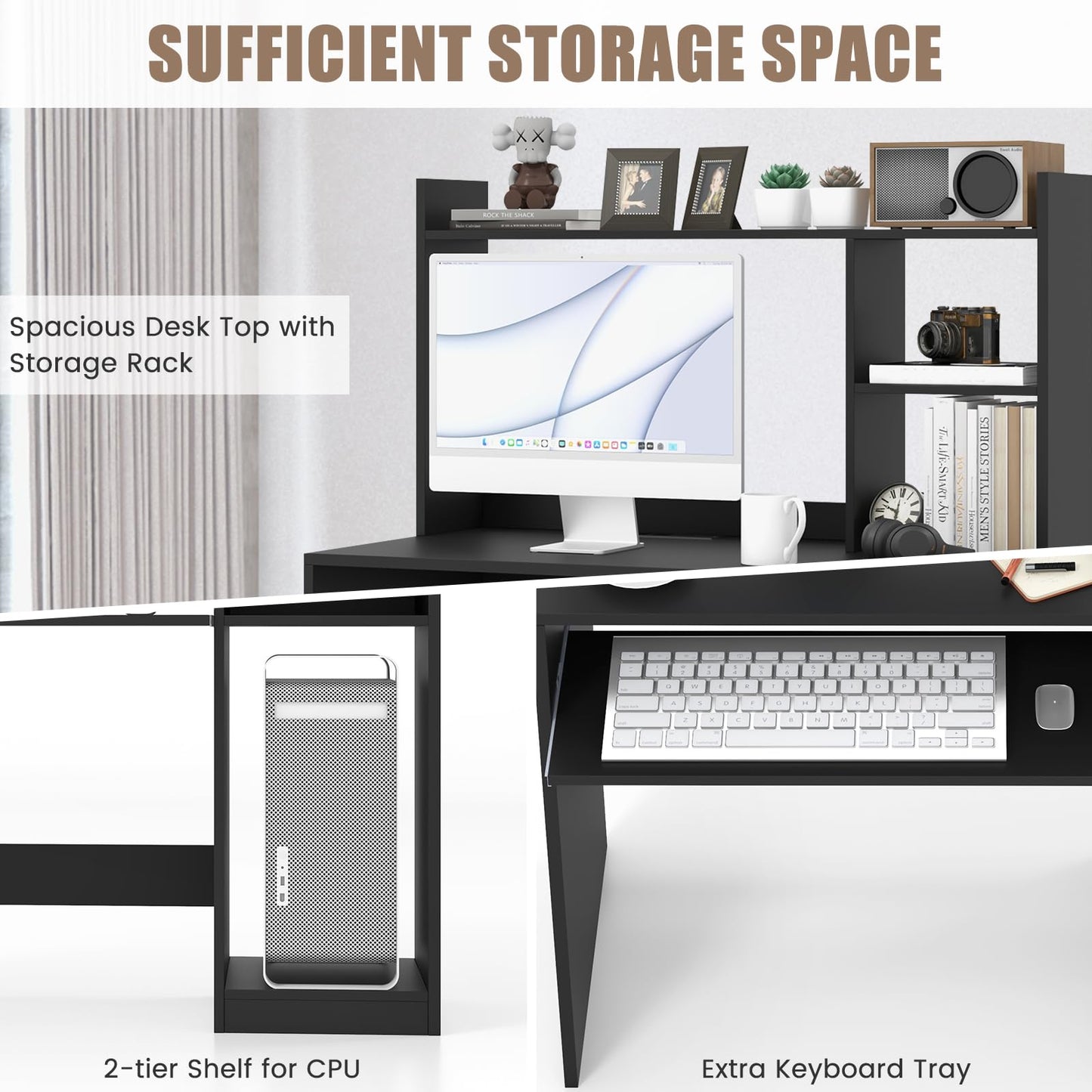 Computer Desk with Storage Bookshelf, Wooden Writing Table Workstation with USB Charging Station (Black)