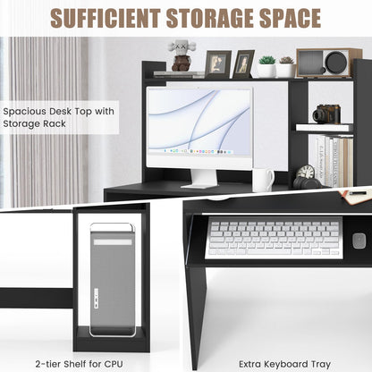 Computer Desk with Storage Bookshelf, Wooden Writing Table Workstation with USB Charging Station (Black)