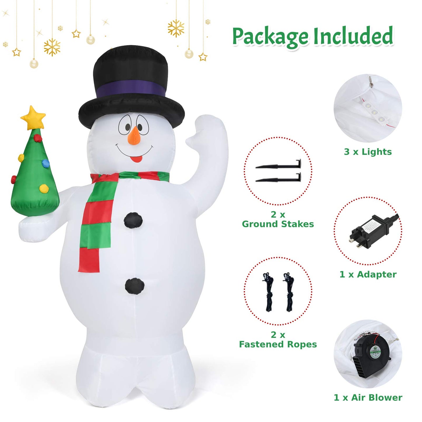 GiantexUK 8FT Christmas Inflatable Snowman, Cute Christmas Decoration with Tree and LED Lights