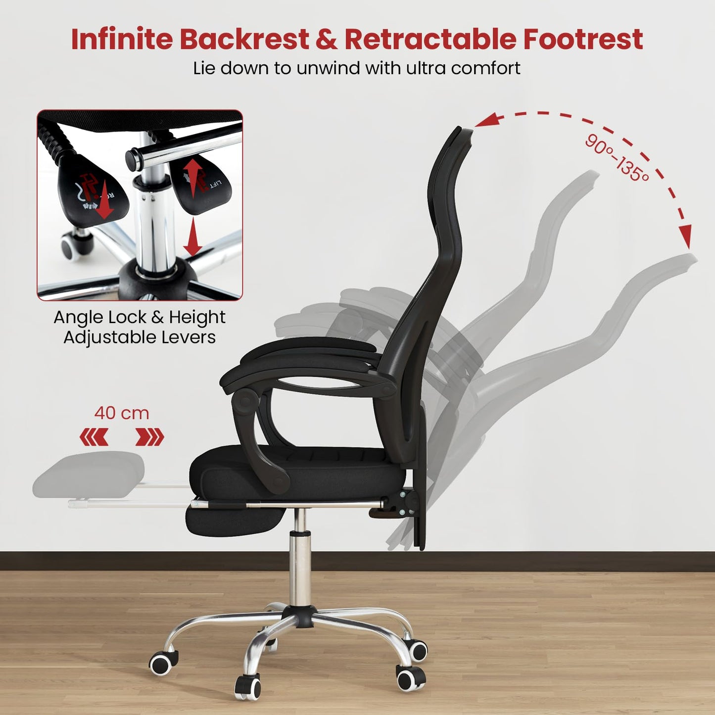 Mesh Office Chair, Ergonomic High Back Swivel Computer Desk Chair with Retractable Footrest