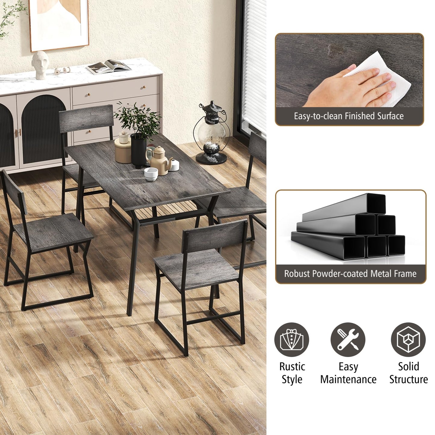 GiantexUK 5 PCS Dining Table Set, Industrial Table and Chairs Set with Storage Shelf and Reclining Seat Back