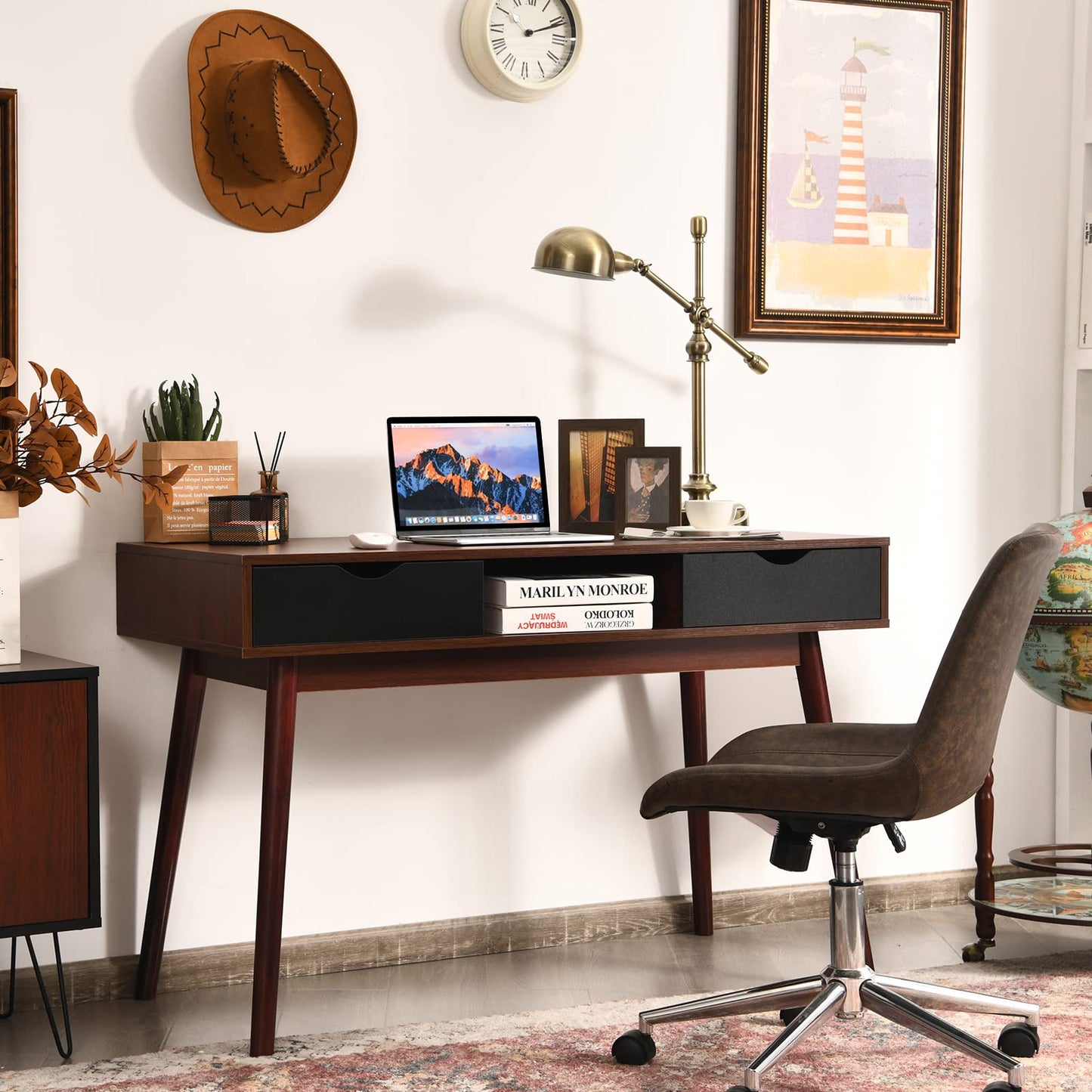 Computer Desk, Wooden PC Laptop Table Writing Workstation with 2 Drawers, Walnut+Black