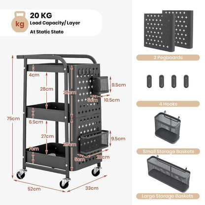 GiantexUK 3-Tier Storage Cart on Wheels, Metal Serving Trolley with Pegboards, Handle, Storage Basket & Removable Hooks