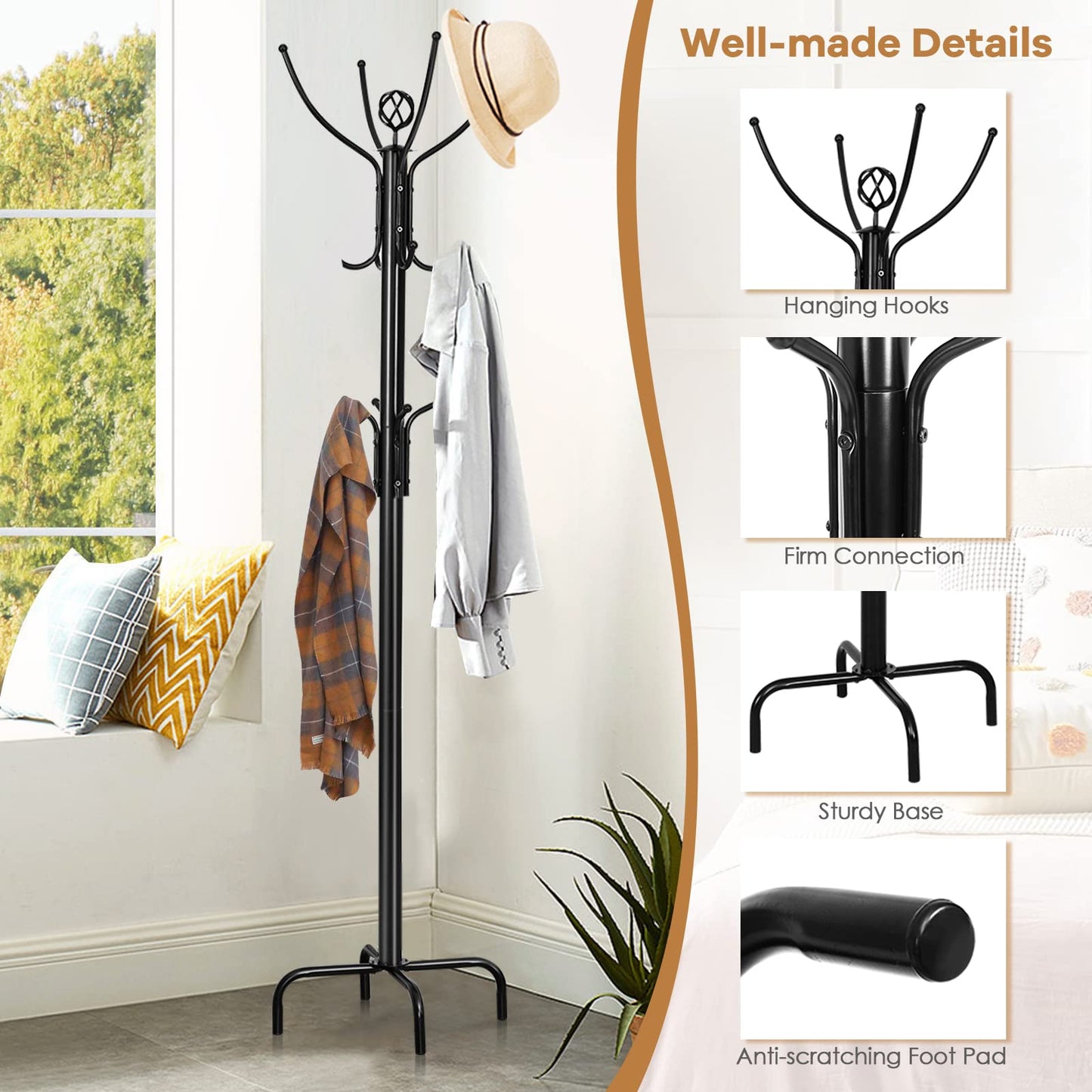 GiantexUK Metal Coat Rack, Free Standing Tree-Shaped Clothes Stand with 12 Hooks