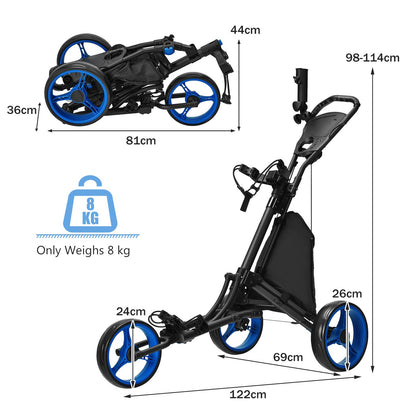 3 Wheel Golf Push Pull Cart, Lightweight Foldable Golf Trolley with Adjustable Height Handle