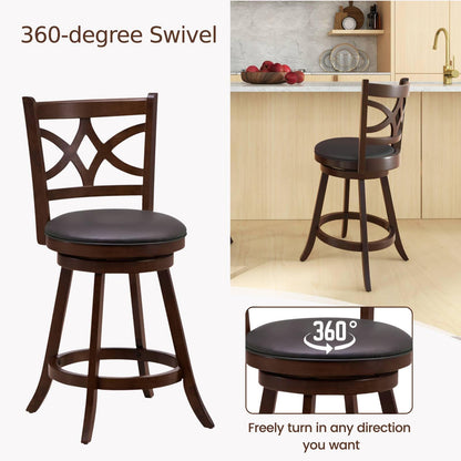 GiantexUK Swivel Bar Stools Set of 2, Rubber Wood Kitchen Barstools with PVC Cover Seat, Back & Footrest (47 x 44 x 96cm)