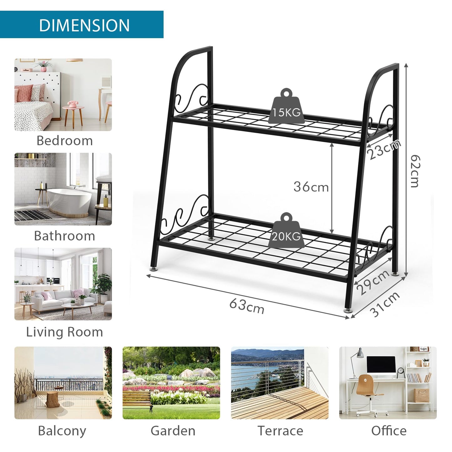 2 Tier Plant Stand, Scrollwork Design Metal Flowers Pot Holder with Adjustable Foot Pads