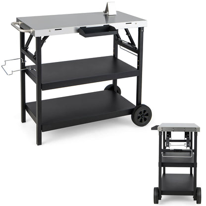 GiantexUK Folding Dining Cart, 3-Tier Mobile BBQ Table Trolley with Adjustable Shelf, Phone Stand