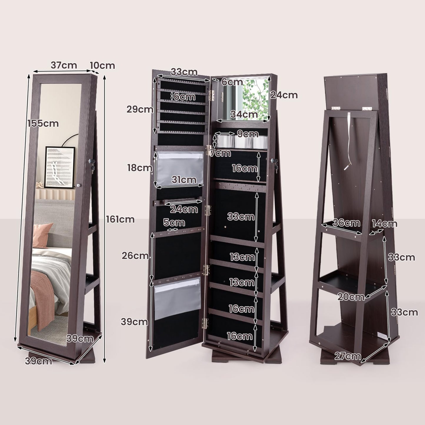 360° Swivel 3-in-1 Jewelry Cabinet, Lockable Jewelry Armoire Storage Unit with Full Length Mirror and Display Shelf