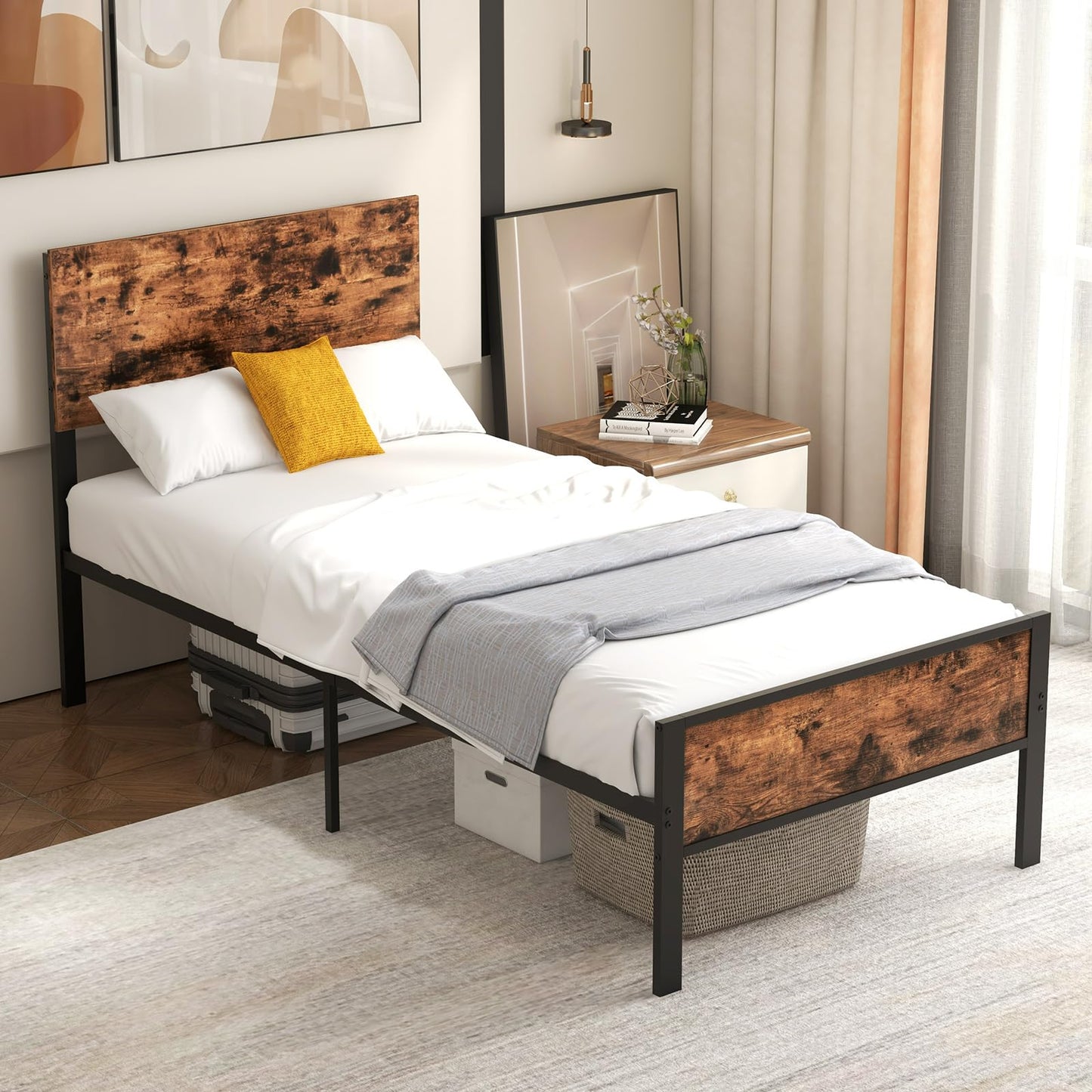 3FT Single Bed Frame, 35cm Metal Platform Bed with Rustic Headboard & Footboard