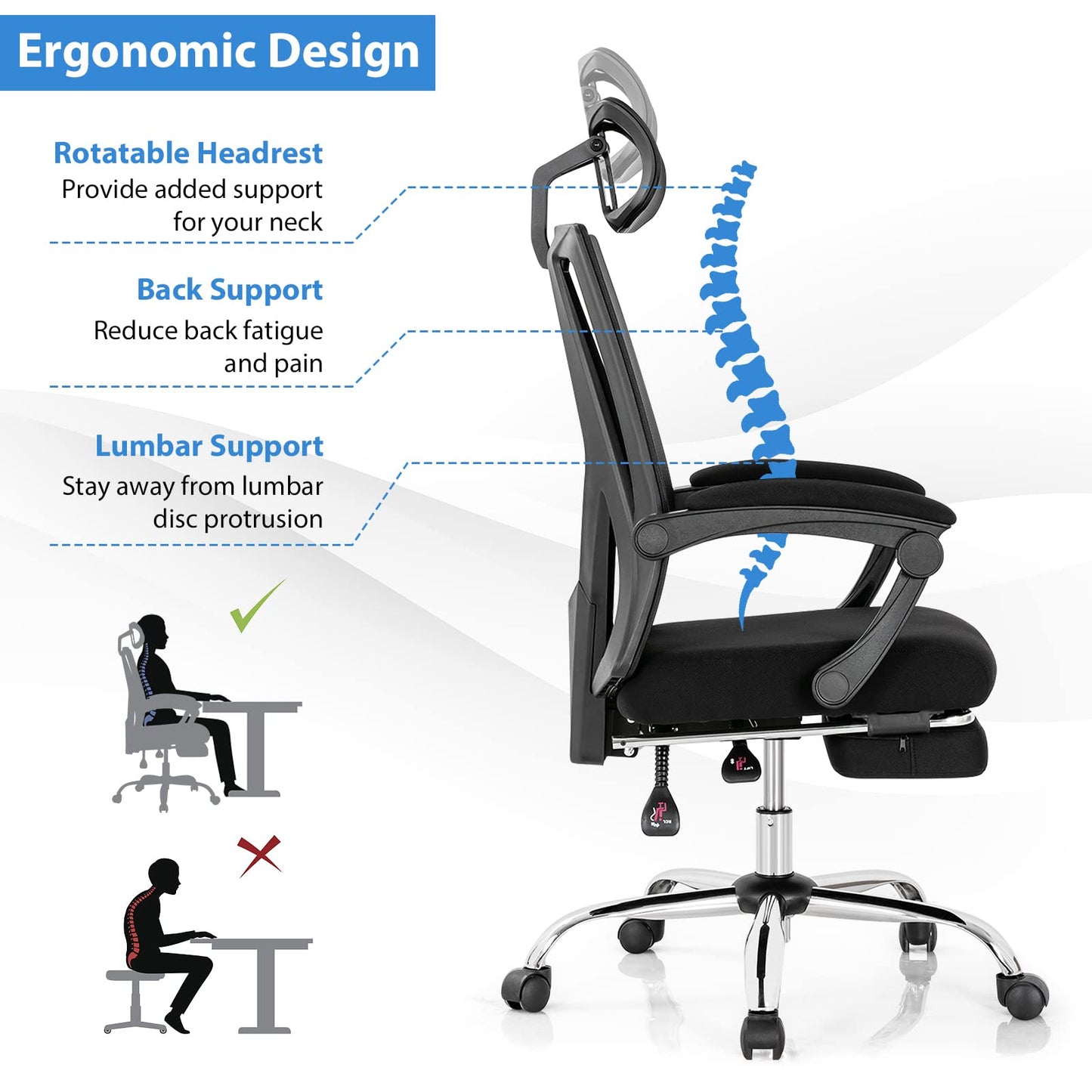 Mesh Office Chair, Ergonomic Swivel Computer Desk Chair with Retractable Footrest