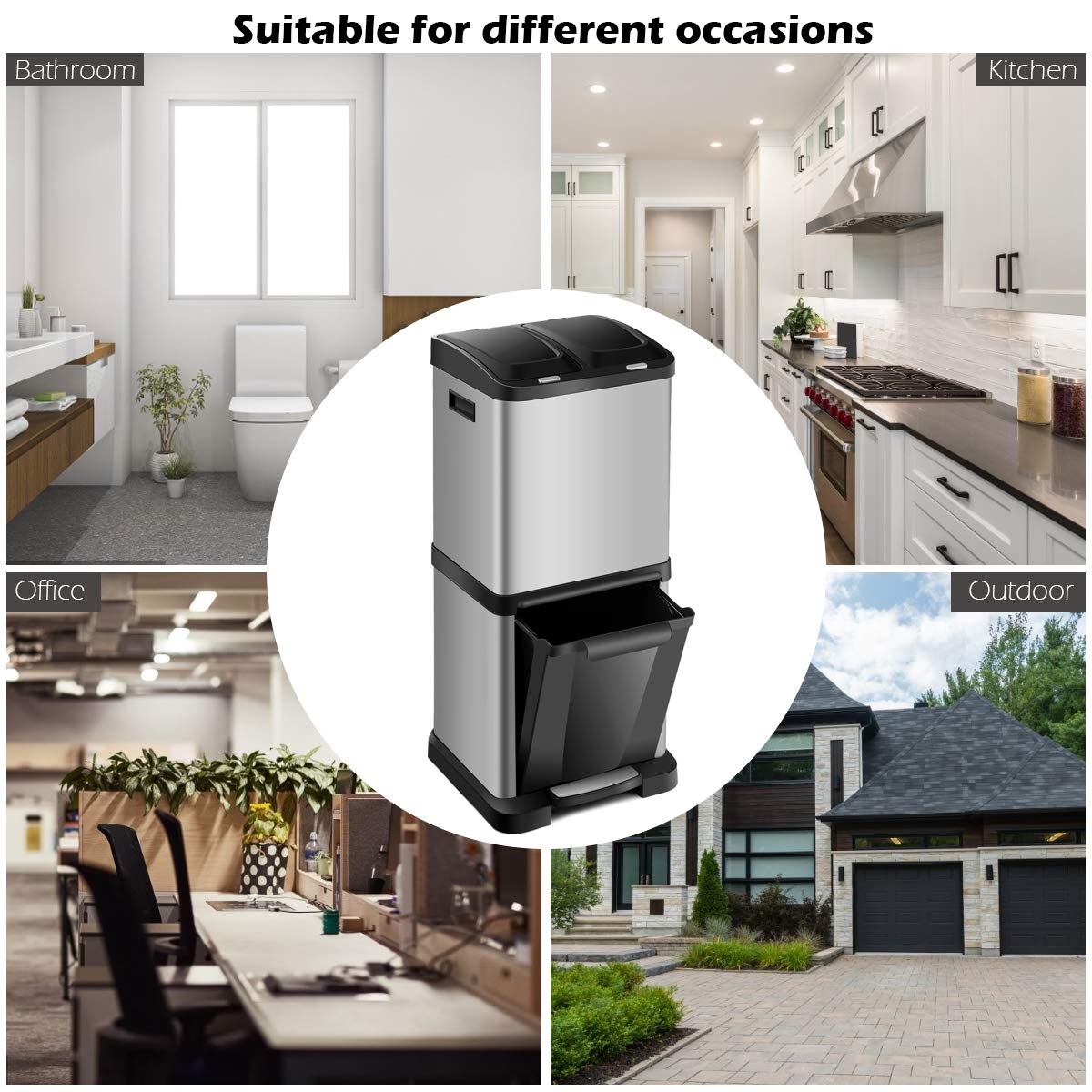 GiantexUK Recycling Pedal Bin, 32L Kitchen Trash Can with Lids, 3 Removable Compartments