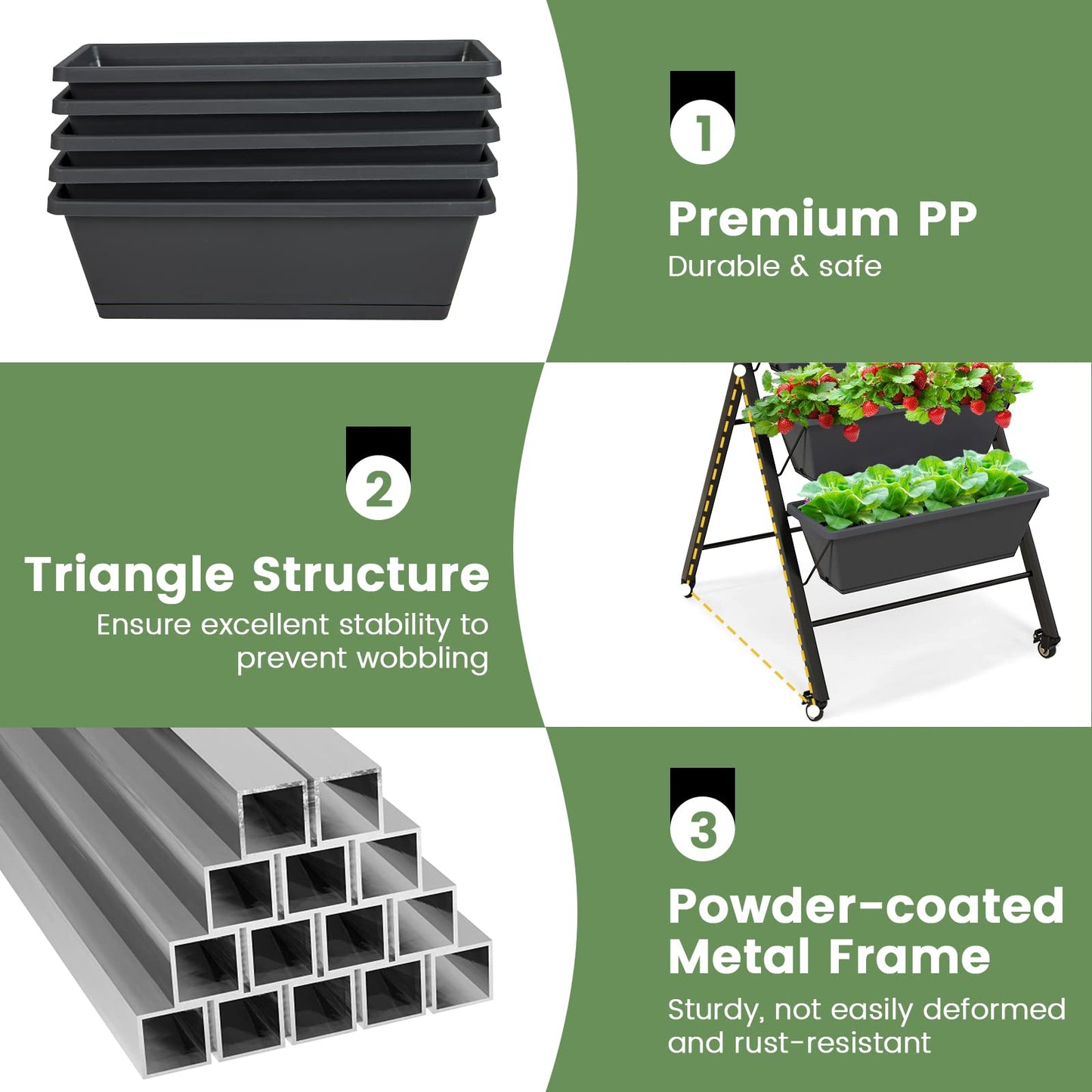 GiantexUK Raised Garden Bed, 5 Tier Vertical Ladder Planter with 5 Removable Trays, Wheels & Drain Holes (with Wheels, Black, 57 x 68 x 117cm)