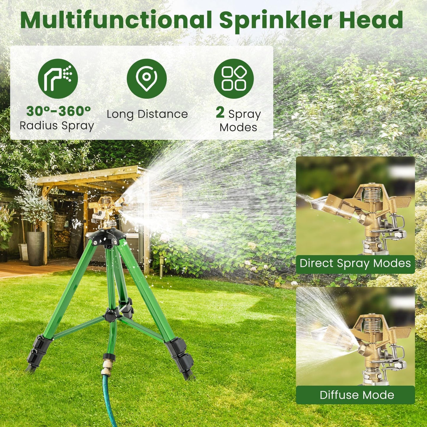 Rotating Tripod Sprinkler, 360°Automatic Rotation Irrigation Water Sprinklers with 11-13.6m Coverage Area & Brass Head