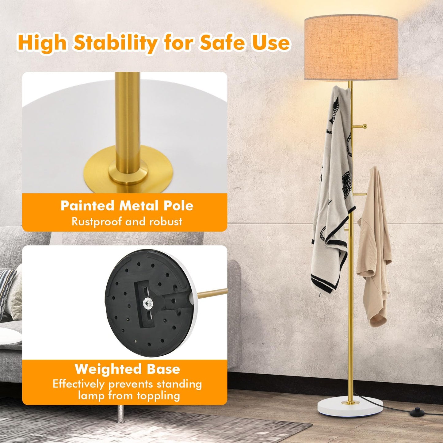 GiantexUK Floor Lamp with Coat Rack, Multi-Purpose Standing Lamp with Linen Fabric Lampshade, 5 Hooks, E27 Socket, Foot Switch & Large Base