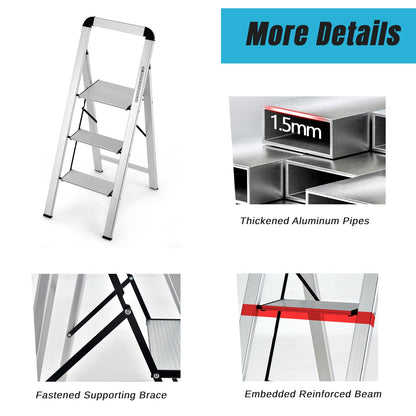 GiantexUK 3 Step Ladder, Aluminum Folding Ladder with Non-slip Wide Pedal, Anti-slip Foot Pads & Safety Buckle (3 Step with Handrail)