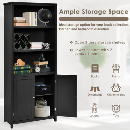 Wooden Storage Cabinet, Floor Standing Cupboard Tall Sideboard with 3-Tier Open Shelves and 2 Doors