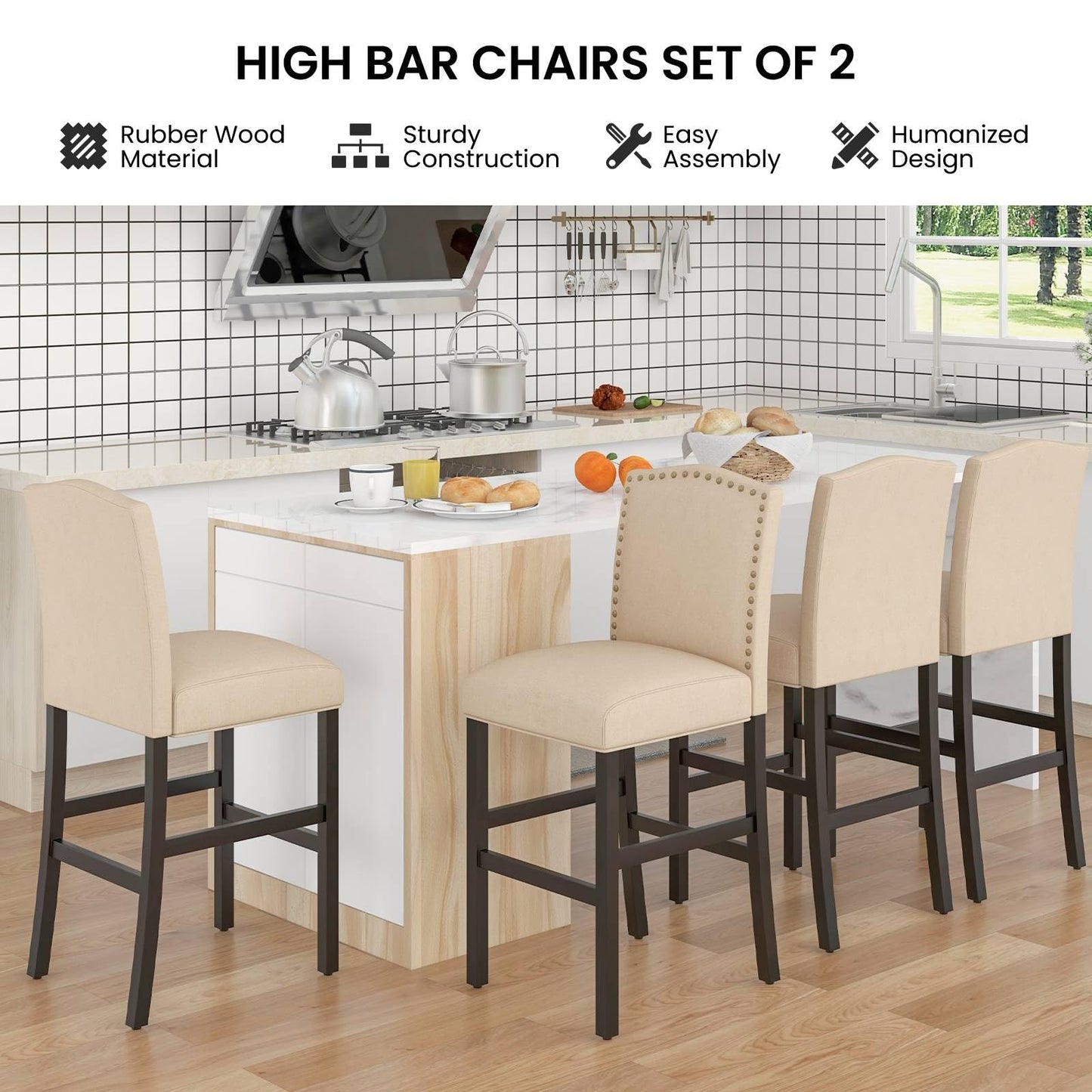 GiantexUK Bar Stools Set of 2, Upholstered Linen Fabric Kitchen Barstools with Backrest