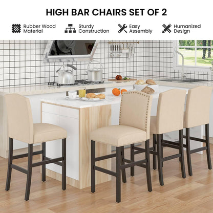 GiantexUK Bar Stools Set of 2, Upholstered Linen Fabric Kitchen Barstools with Backrest