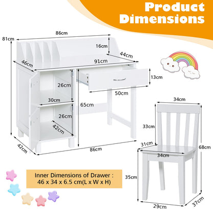 Kids Desk and Chair Set, Wooden Student Study Table with Drawer, Storage Cabinets & Tabletop Bookshelf(White)