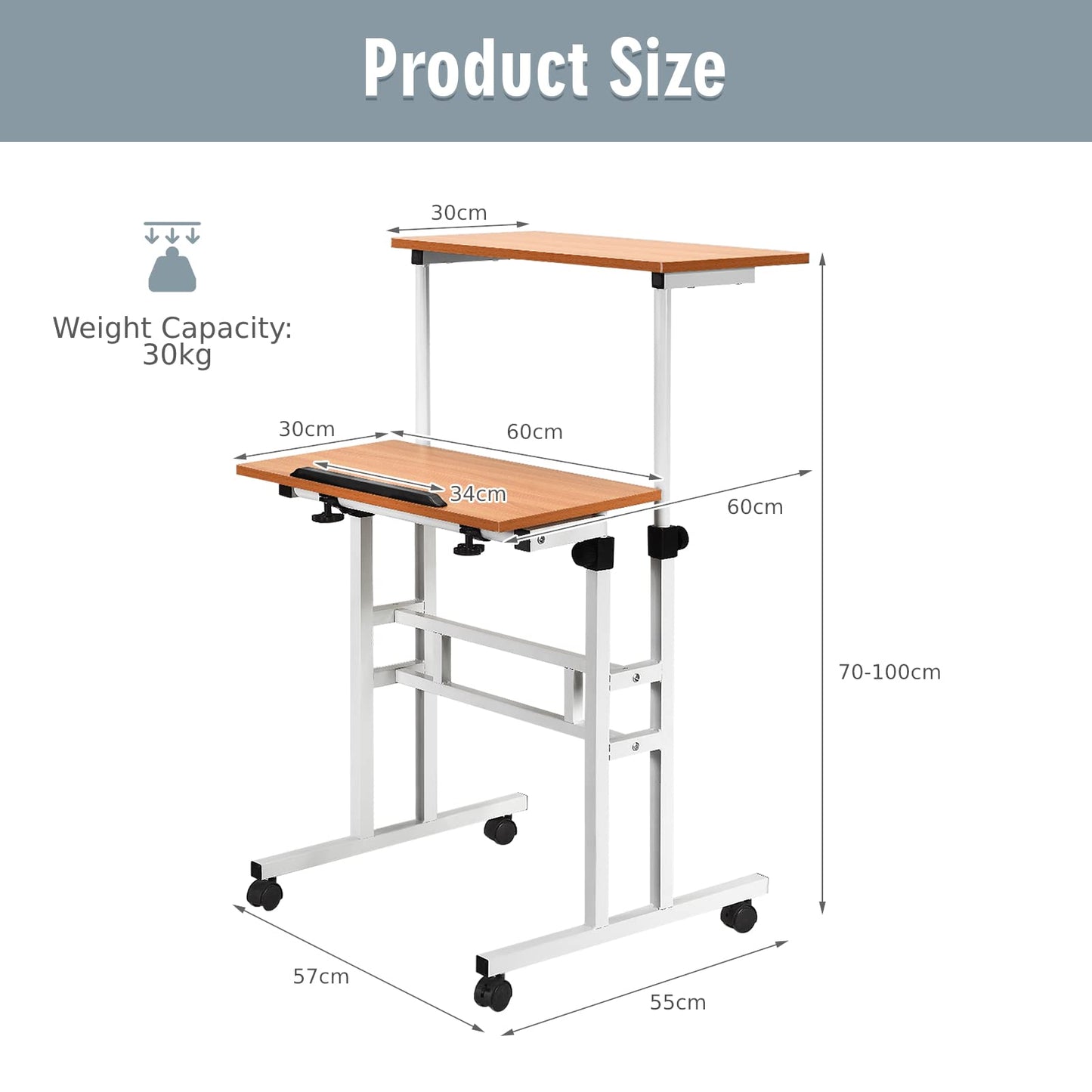 Height Adjustable Standing Desk, Mobile Laptop Table Computer Desk with Tilting Tabletop and Wheels