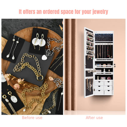 Wall & Door Mounted Jewellery Cabinet, 5 LED Lighted Lockable Jewelry Armoire with Full-Length Mirror