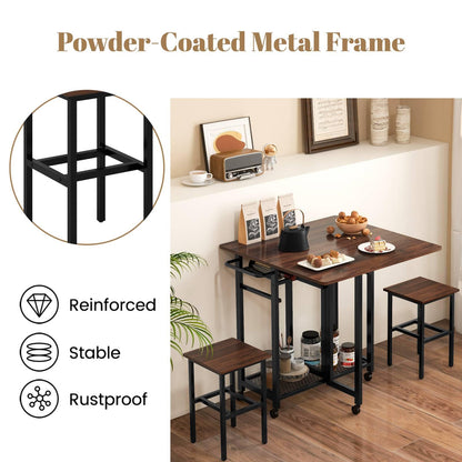 GiantexUK 3 PCS Dining Room Set, Folding Dining Table and Stools Set with Wine Rack, Storage Shelves & Wheels