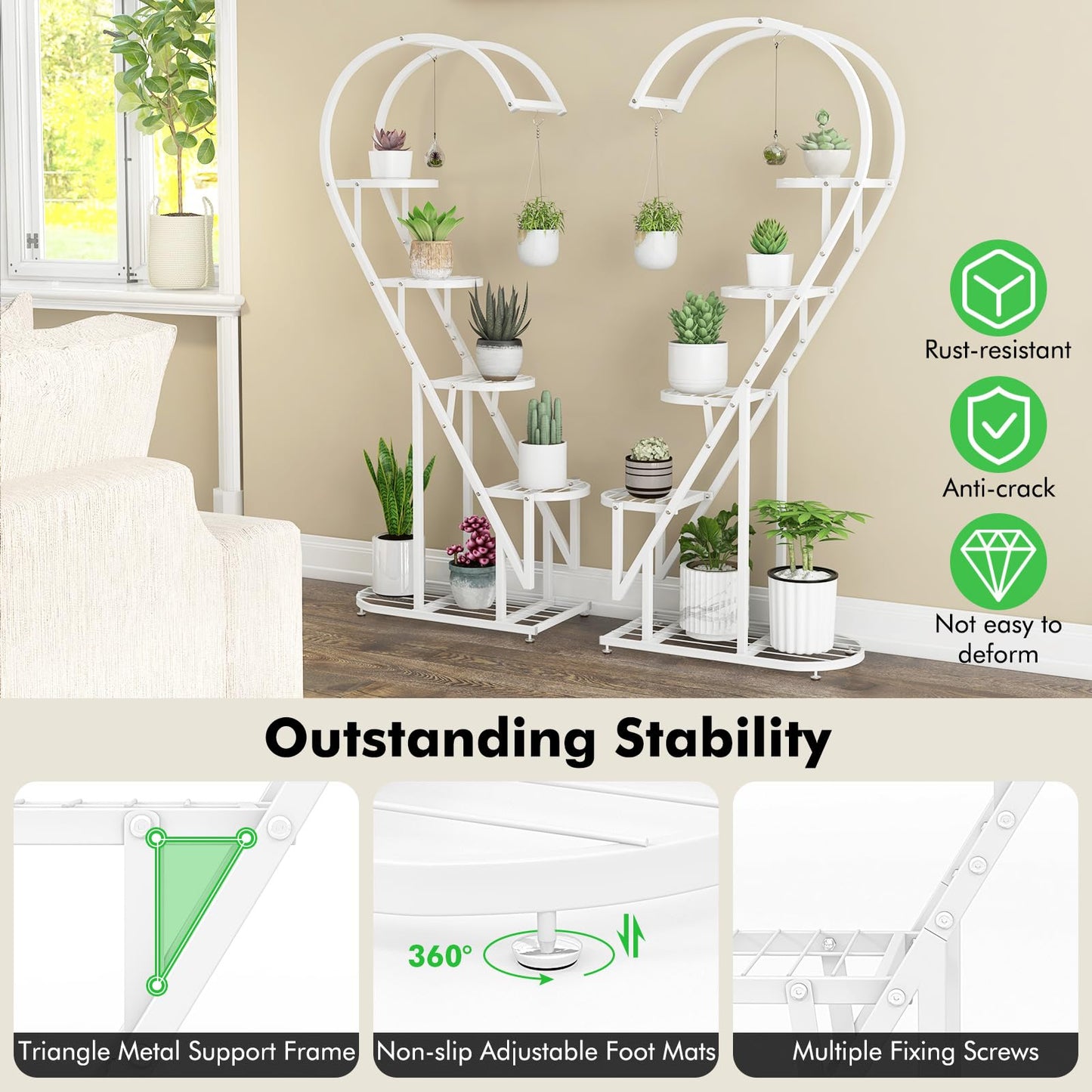 5-Tier Tall Plant Stand, 2-Pack Heart-shaped Ladder Plant Shelf with Hanging Hooks and Adjustable Foot Pads