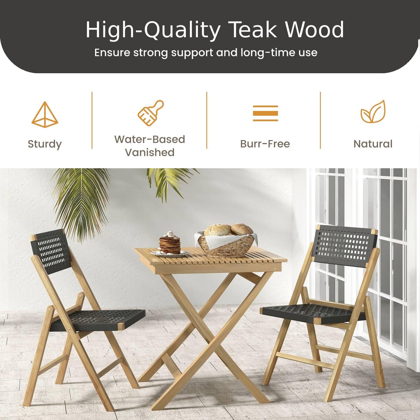 GiantexUK Patio Chairs Set of 2, Folding Teak Wood Garden Dining Chairs with Woven Rope Back & Seat (Triangle Structure, 49 x 59 x 87cm)