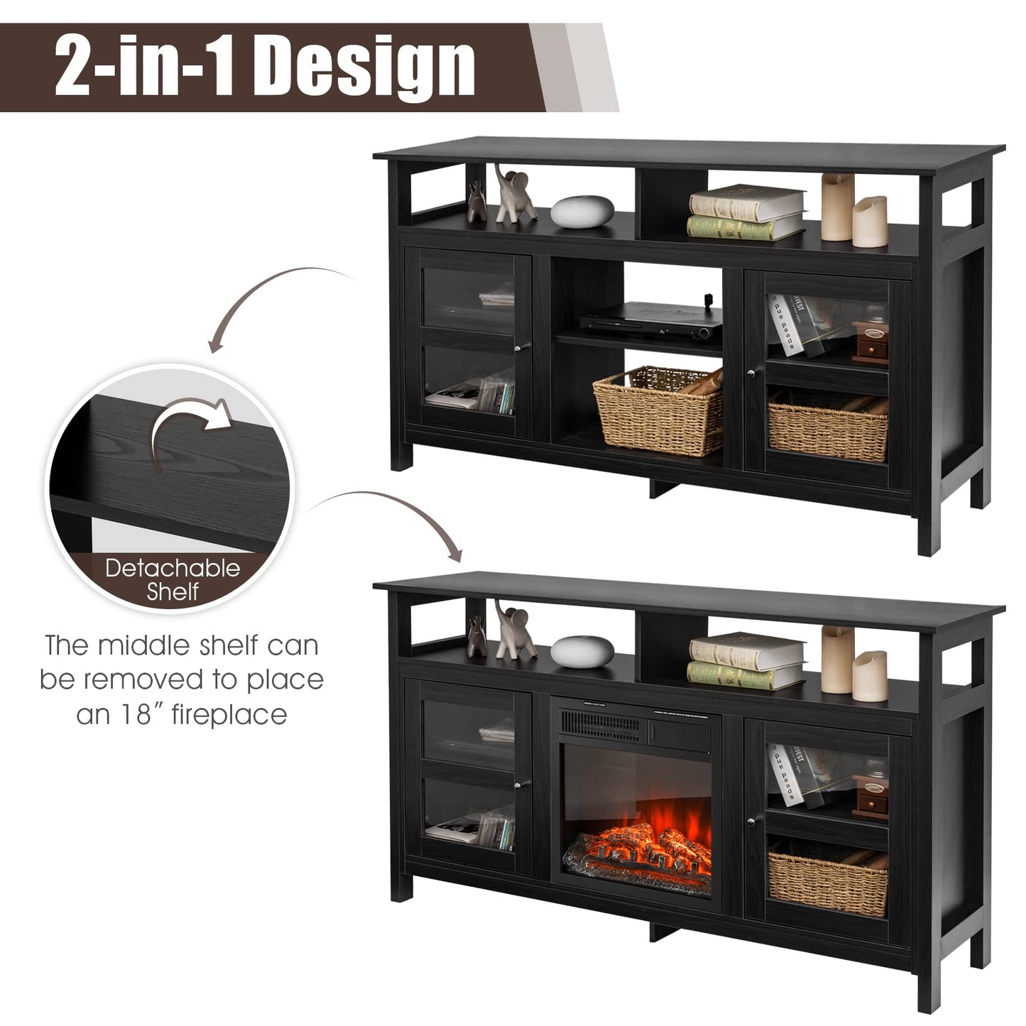 TV Stand for TVs up to 65", Wooden Television Media Entertainment Center with 4 Open Shelves & 2 Side Cabinet