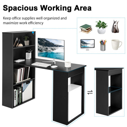 122cm Computer Desk, Wooden PC Laptop Table Writing Workstation with 6-Tier Storage Bookshelves