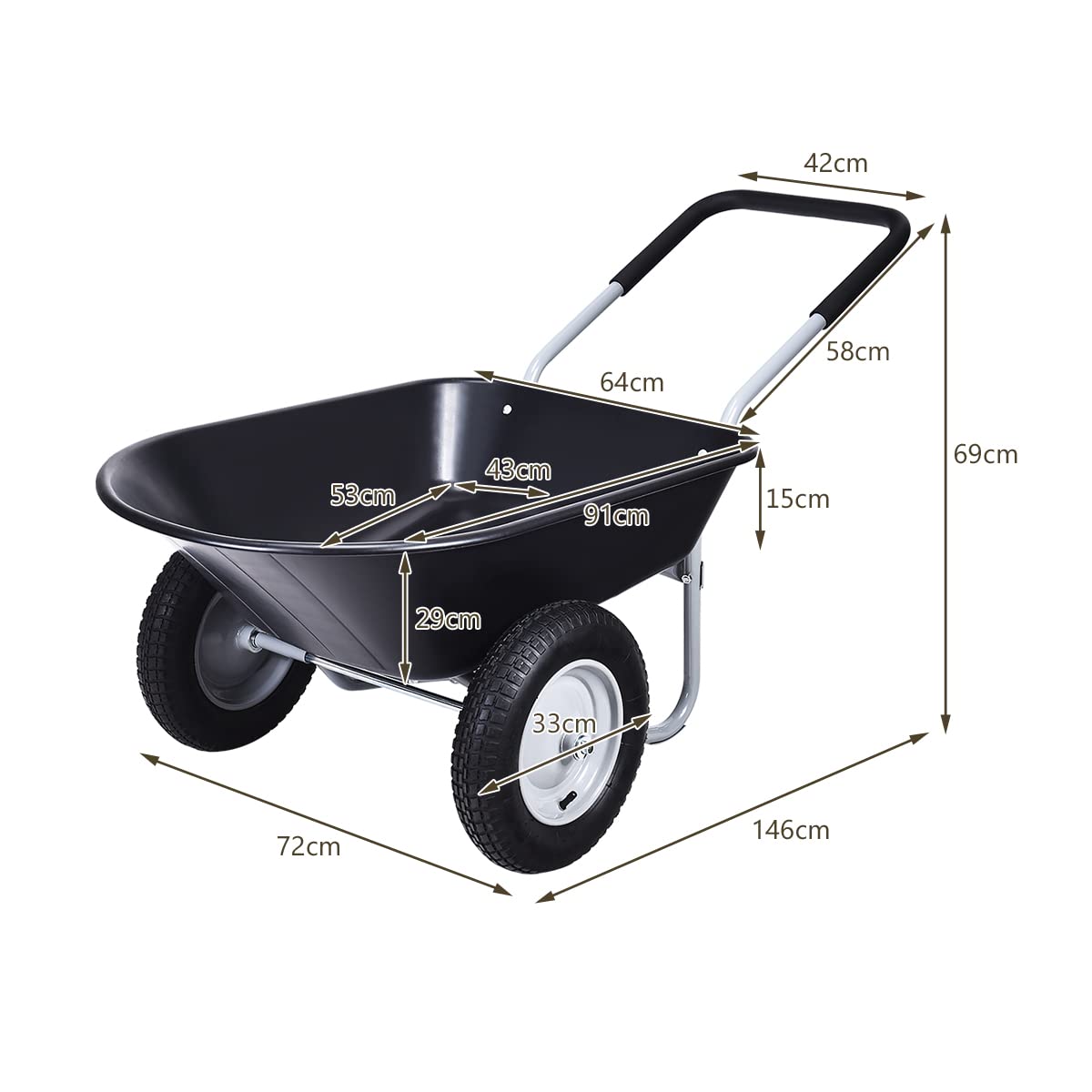 GiantexUK 2-Wheeled Wheelbarrow, Garden Cart with Twin Pneumatic Tyres & Soft Grip Handle