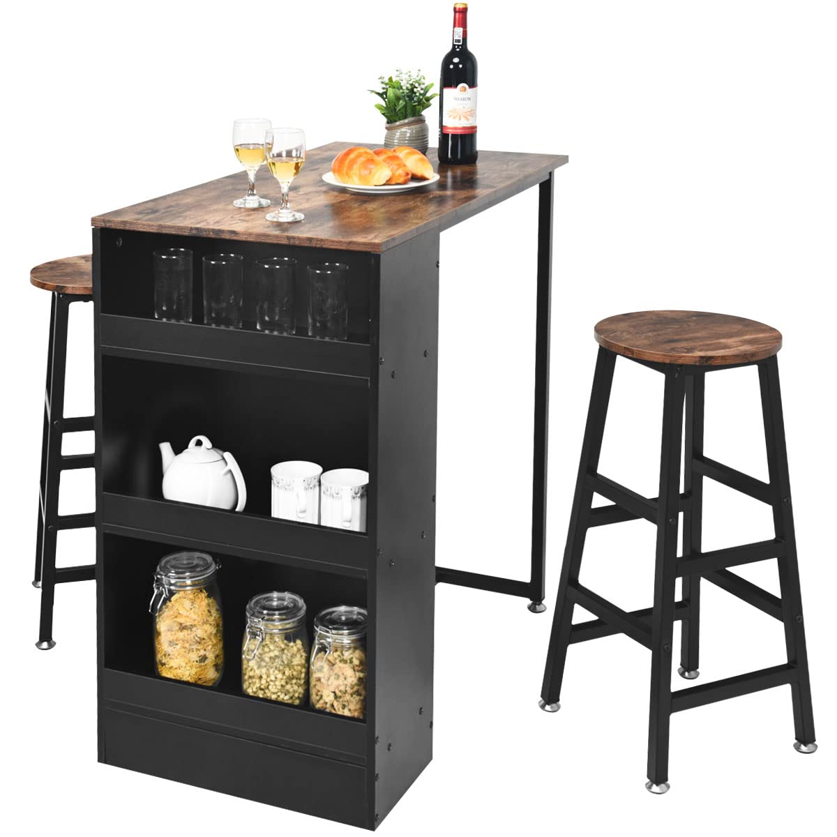 GiantexUK 3PCS Bar Table Set, Industrial Counter Height Dining Table and 2 Stools with 3-Tier Side Shelves